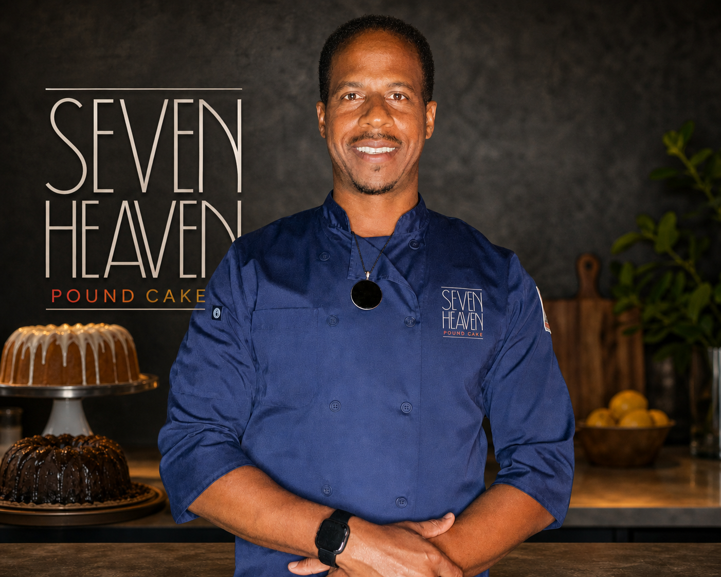 Seven Heaven Pound Cake founder in a chef coat